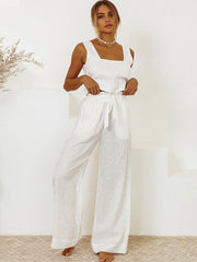 White linen square neck crop top and wide leg pants set with tie waist