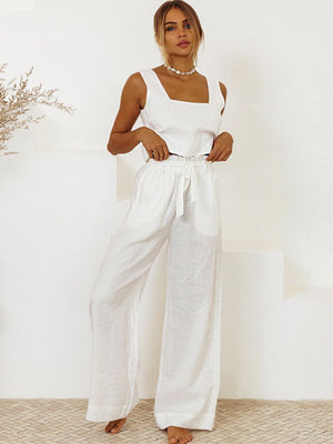 White linen square neck crop top and wide leg pants set with tie waist