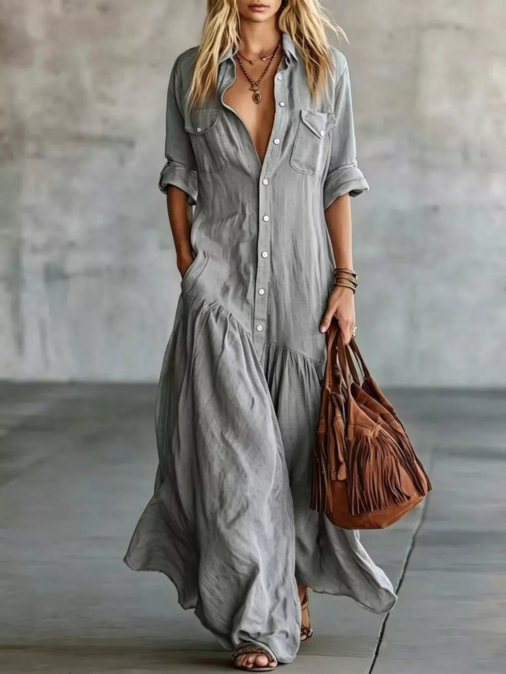 Button Front Roll-up Sleeve Maxi Dress Plus Size in Burgundy, model styling view