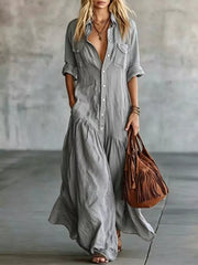Button Front Roll-up Sleeve Maxi Dress Plus Size in Burgundy, model styling view