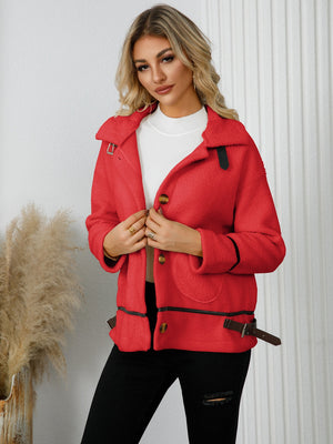 Deep Red teddy-textured jacket with leatherette trim and button closure.