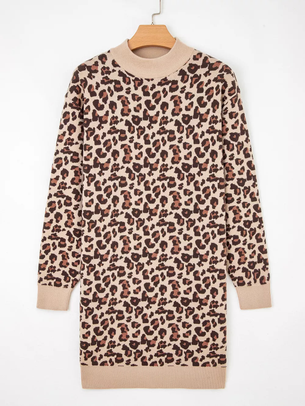 Leopard print ribbed sweater dress with high neck and long sleeves.