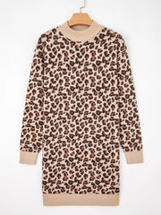Leopard print ribbed sweater dress with high neck and long sleeves.