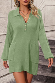 Lime ribbed knit polo dress with pockets and button detail