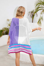 Meshed edge scoop neck half sleeve cover-up in purple and white with striped hem