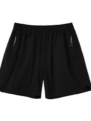 Black men's bermuda shorts with elastic waist, D-ring, and zippered pockets.