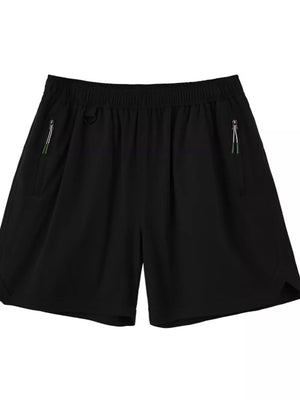 Black men's bermuda shorts with elastic waist, D-ring, and zippered pockets.