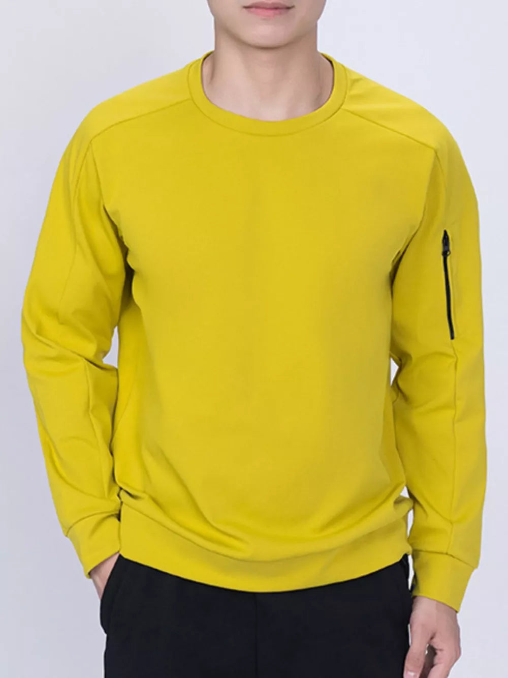 Yellow crewneck sweatshirt with zippered sleeve detail