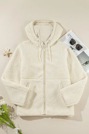 Textured fleece zip-up hoodie in ivory with a drawstring hood and front pockets.