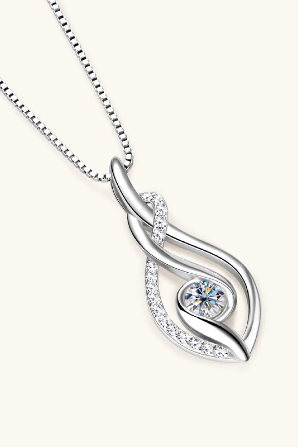 Silver Infinity Moissanite Swirl Pendant Necklace with pave set stones