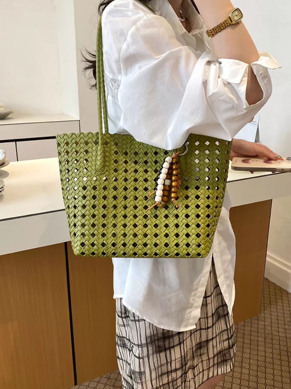 Cutout Leather Shoulder Bag in Yellow, fabric detail