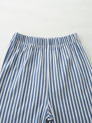 Toddler blue and white striped cotton shorts with elastic waistband