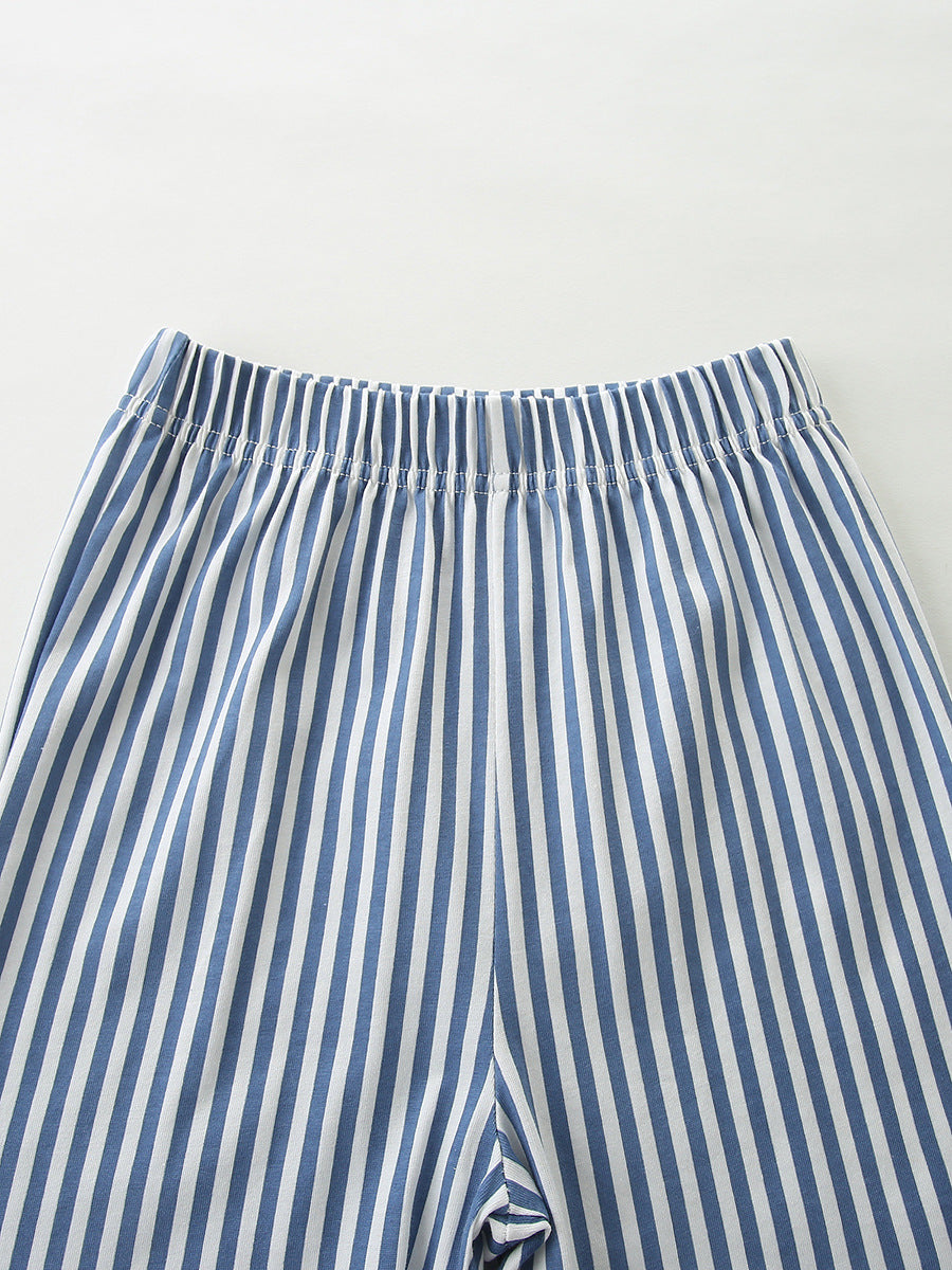 Toddler blue and white striped cotton shorts with elastic waistband