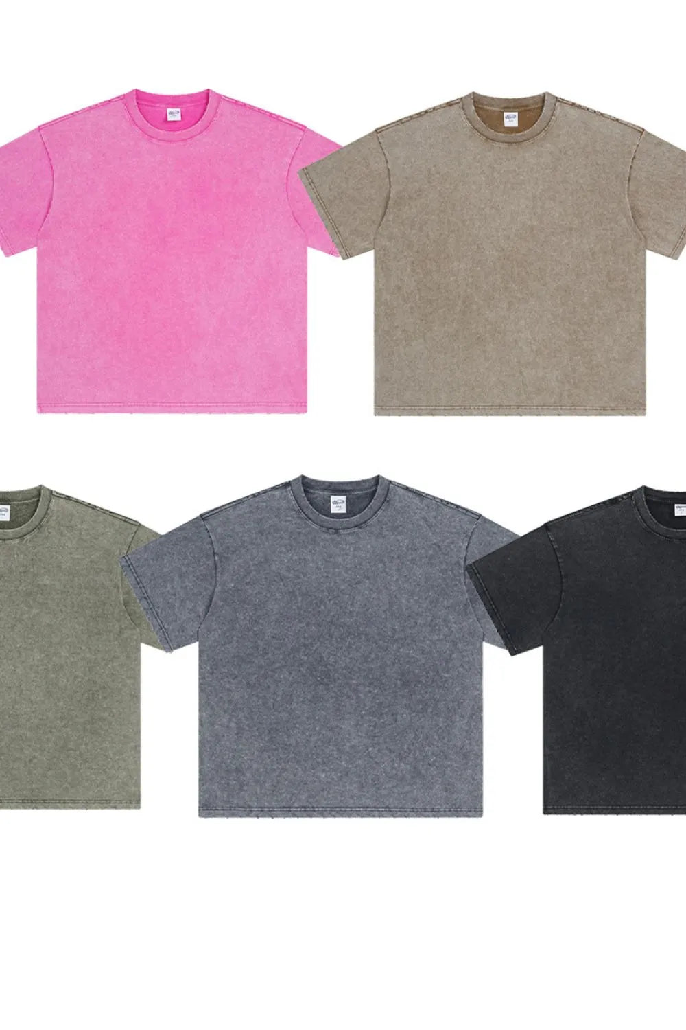Essential half-sleeve round neck tee in mocha, black, sage, and dark gray with a washed effect.