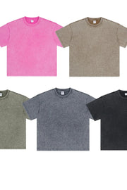 Essential half-sleeve round neck tee in mocha, black, sage, and dark gray with a washed effect.