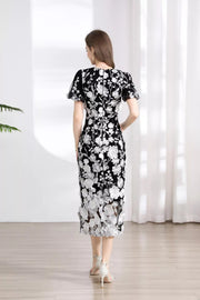 Embroidered Floral Puff Sleeve Midi Dress