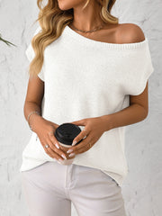 Off-the-shoulder white knit tee with short sleeves and a relaxed fit.