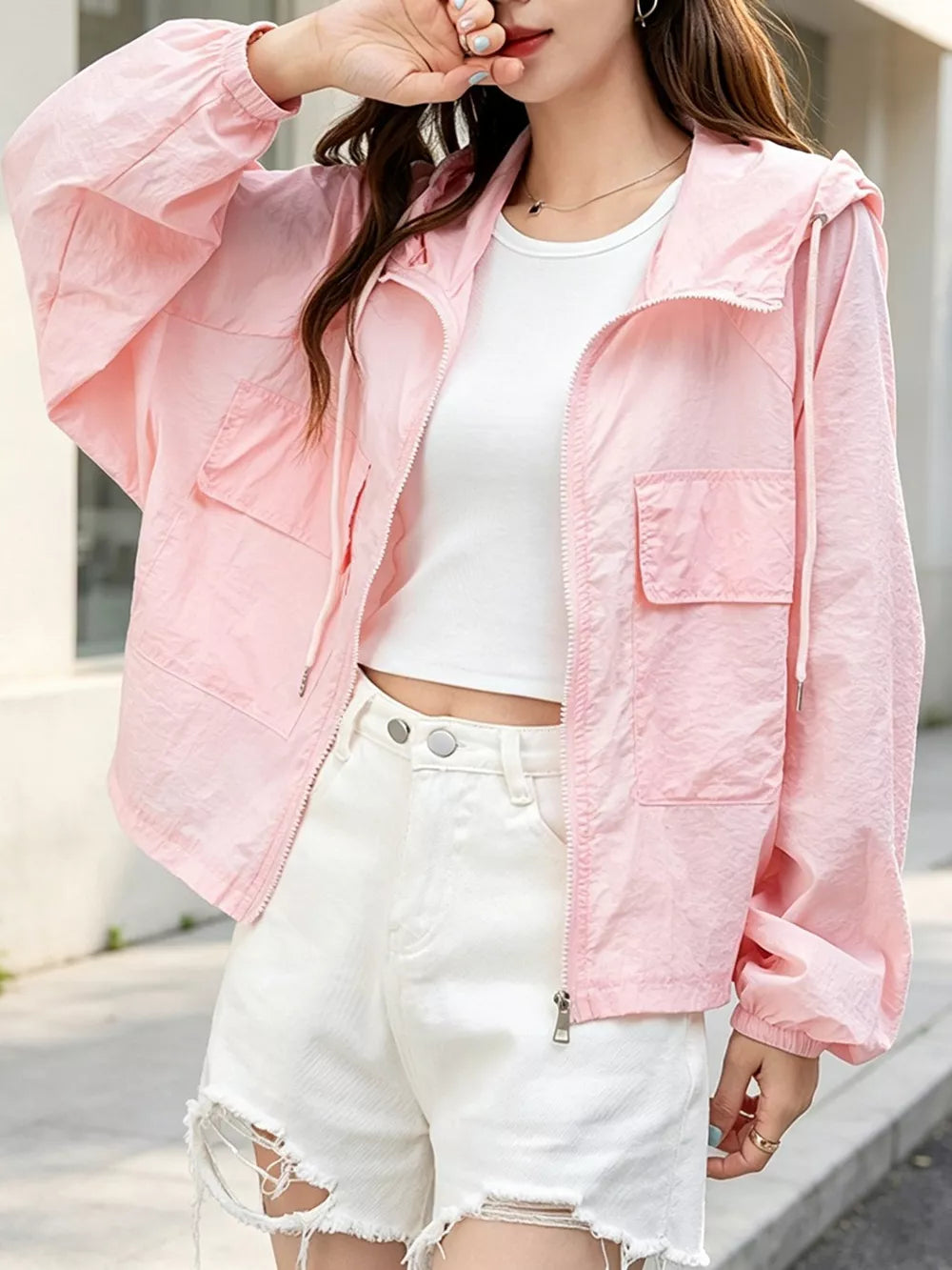 Lightweight Hooded Zip Up Jacket, alternate angle