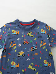 Blue cotton t-shirt with a playful construction vehicle print, crew neck, short sleeves.