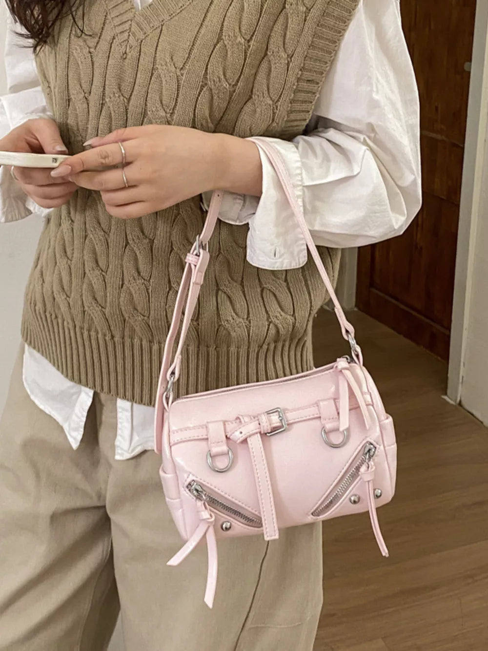Adjustable Strap Leather Shoulder Bag in Pink, front view