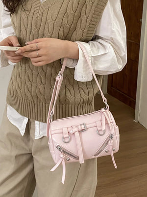 Adjustable Strap Leather Shoulder Bag in Pink, front view
