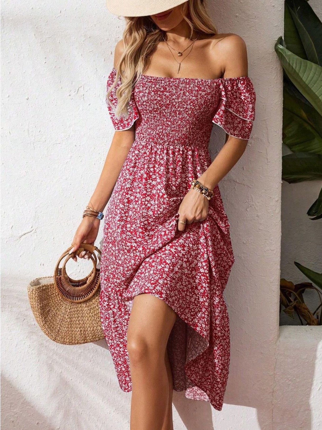 Red floral smocked off-the-shoulder midi dress with ruffle sleeves.