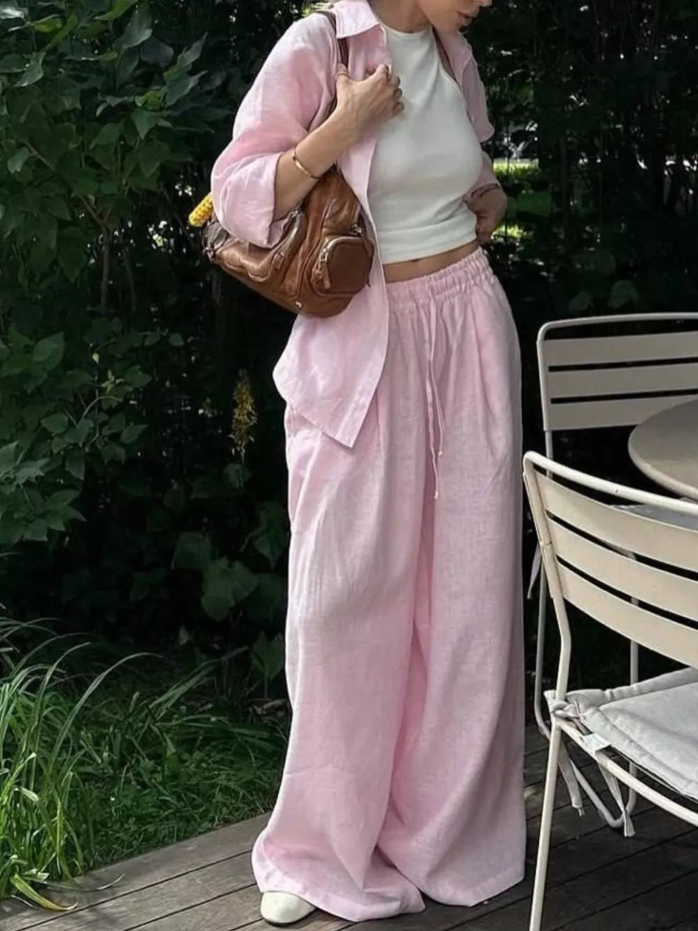 Button Up Shirt And Drawstring Pants Set in Apricot, editorial view