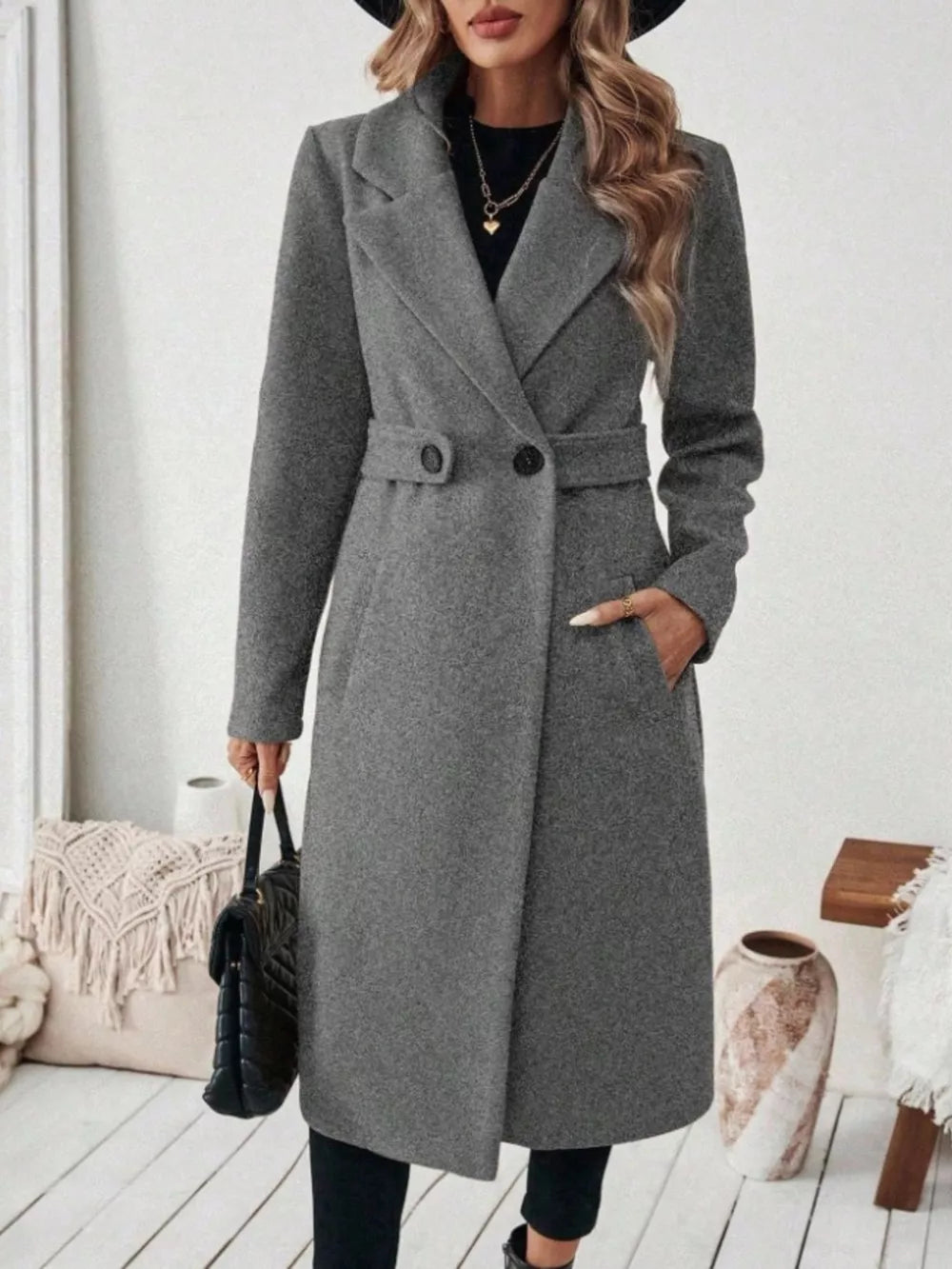 Elegant Lapel Collar Belted Trench Coat Plus Size in Gray, front view