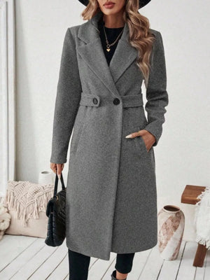 Elegant Lapel Collar Belted Trench Coat Plus Size in Gray, front view