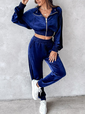 Navy velvet crop tracksuit with zipper detail and elastic cuffs