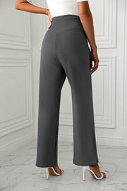 Dark gray wide-leg trousers with a sculpted waist, shown from the back.