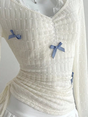 Bow Lace Detail V-neck T-shirt, fabric detail