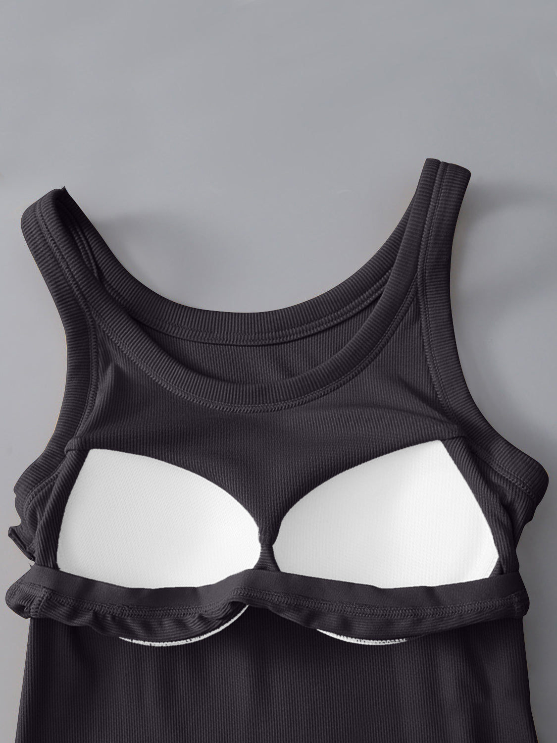 Black ribbed knit tank top with built-in bra cups