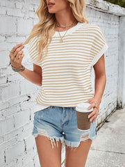 Textured stripe knit top in white and tan with cap sleeves and a crew neck.