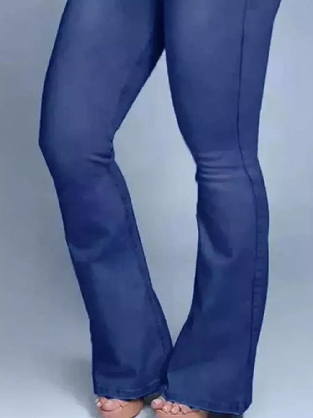 Navy blue cotton spandex flare jeans with a high waist.