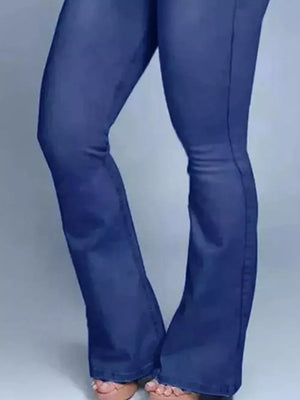 Navy blue cotton spandex flare jeans with a high waist.