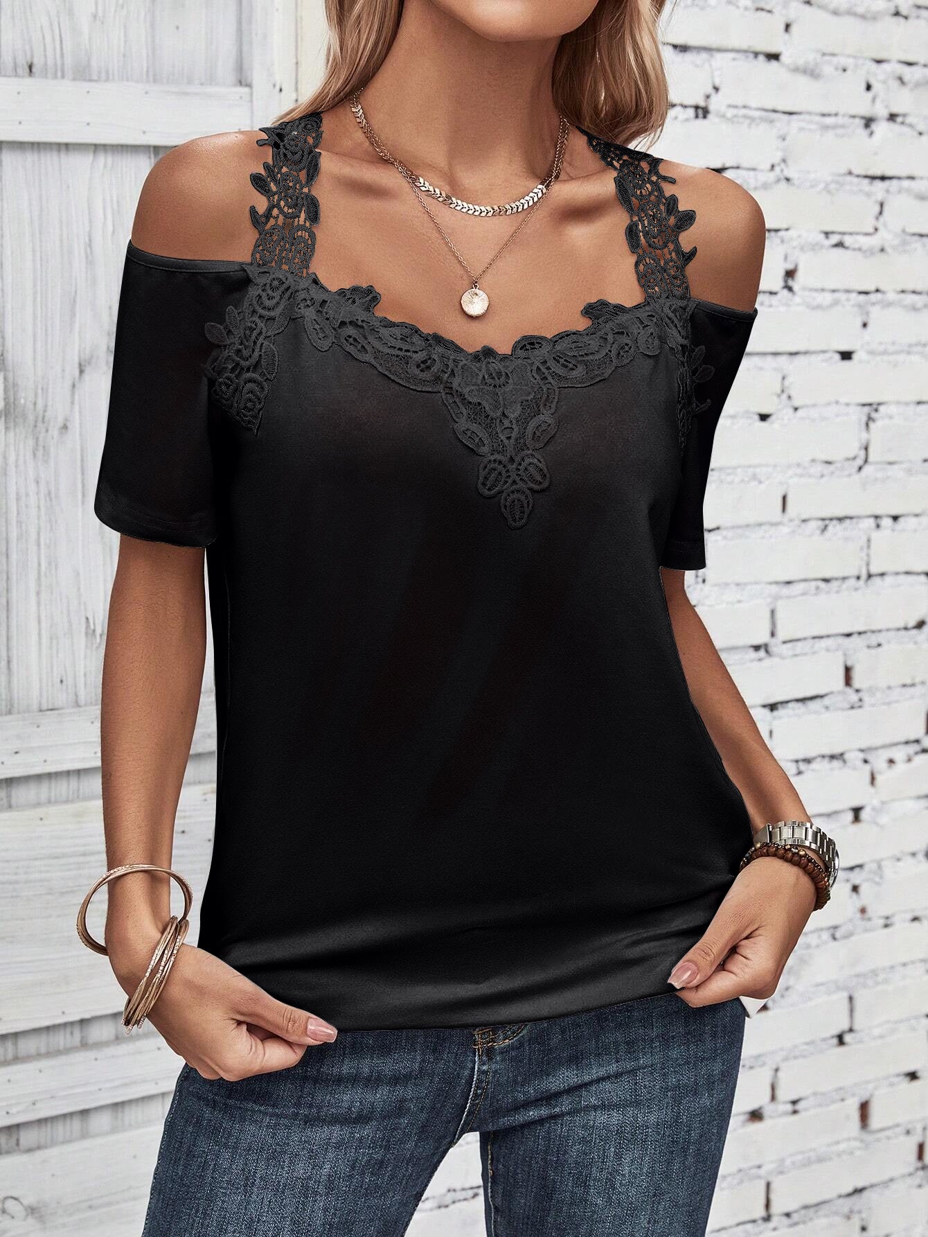 Black cold shoulder blouse with lace yoke and neckline detail
