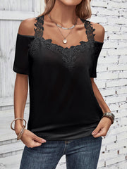 Black cold shoulder blouse with lace yoke and neckline detail