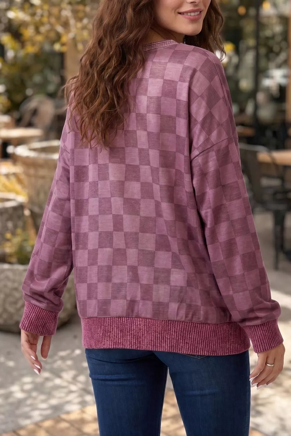 Ribbed Trim Checkered Pullover Shirt, side view