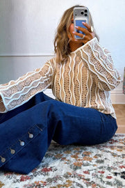 Contrast Wavy Striped Openwork Knit Top in Beige, back view