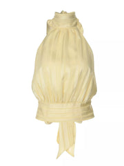Yellow striped halter cami top with ruched neckline and tie detail