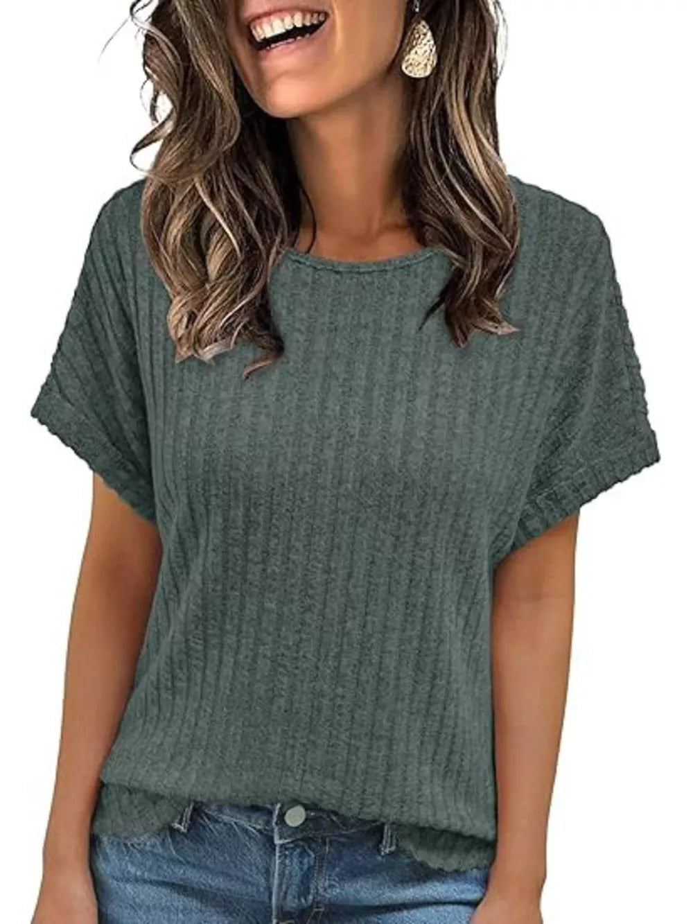 Ribbed knit t-shirt in Army Green with short sleeves and a crew neck.