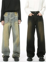 Distressed denim jeans in dark and medium wash, wide leg, cotton, casual style.