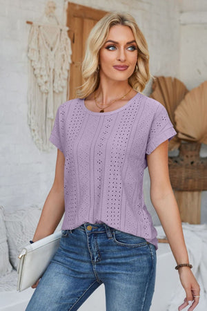 Lavender perforated eyelet cuffed tee with short sleeves and a round neckline.
