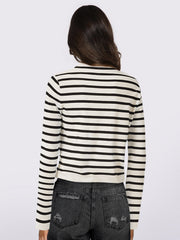 Breton stripe cropped cardigan in black and white with button front and pockets.