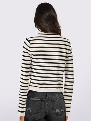 Breton stripe cropped cardigan in black and white with button front and pockets.