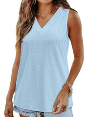 Light blue eyelet V-neck sleeveless tank top with a textured pattern.