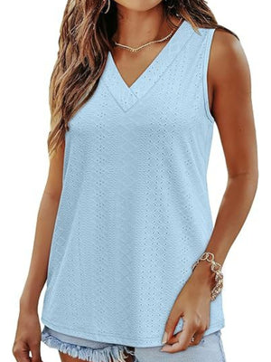 Light blue eyelet V-neck sleeveless tank top with a textured pattern.
