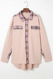 Pink waffle knit overshirt with plaid trim on collar, pockets, and cuffs.