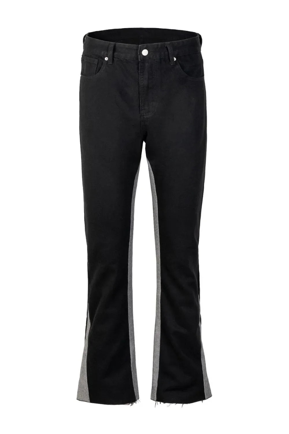 Black bootcut jeans with contrast grey side panels and raw hem